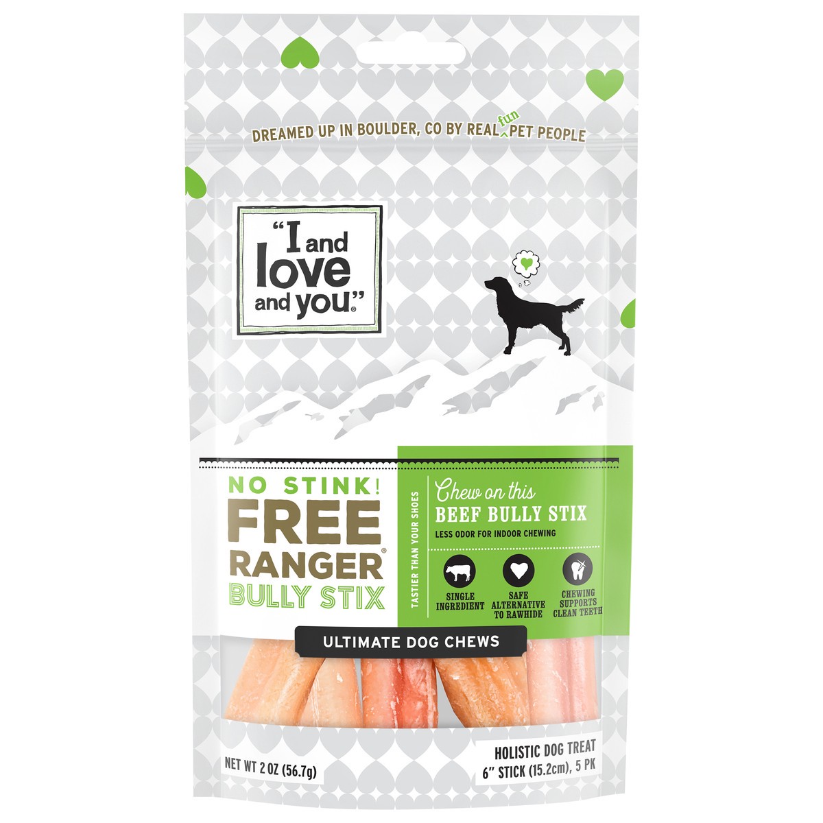 slide 1 of 3, I and Love and You "I and love and you" Free Ranger No Stink! Bully Stix, Grain Free, Low Odor, 100% Beef Pizzle Dog Chews, Rawhide Free, 6in Chews, Pack of 5, 5 ct