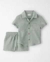 Toddler Boy 2-Piece Organic Cotton Gauze Top & Short Set Meadow Green 2T