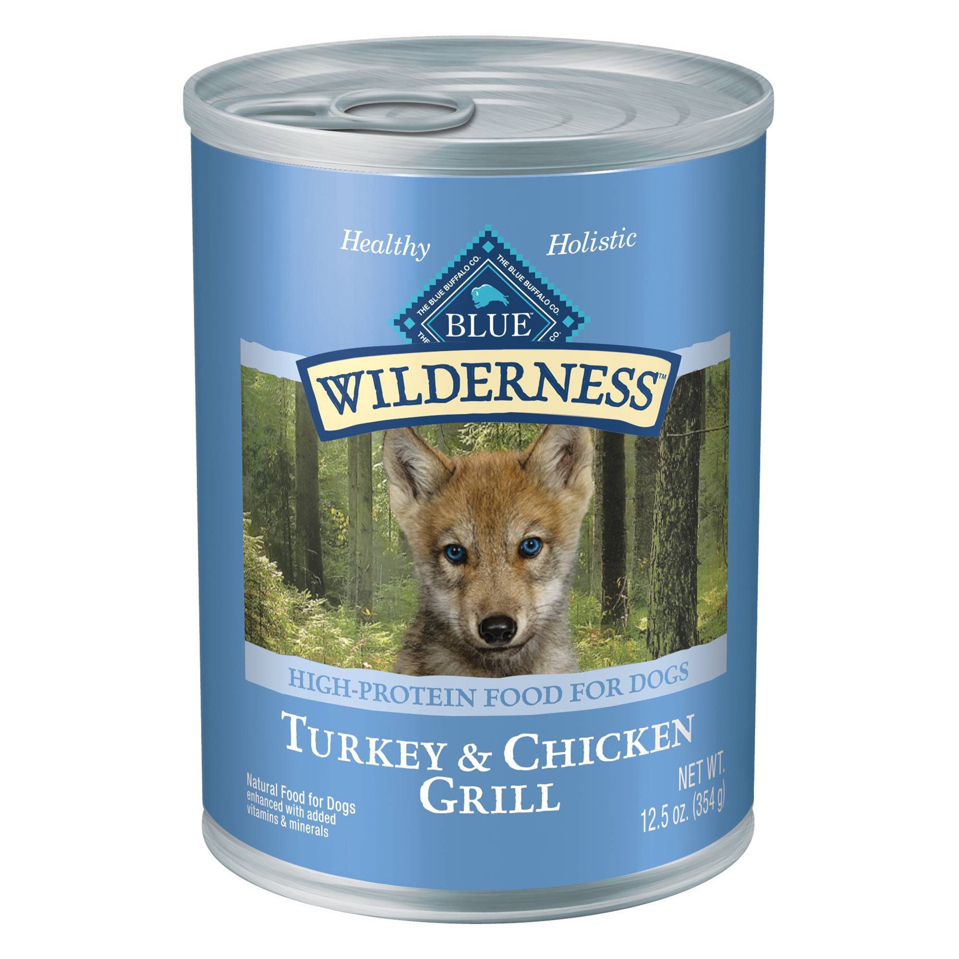 slide 1 of 27, Blue Buffalo Wilderness High Protein Grain Free, Natural Puppy Wet Dog Food, Turkey & Chicken 12.5-oz can, 12.5 oz