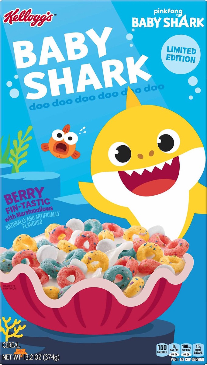 slide 2 of 7, Kellogg's Pinkfong Baby Shark Breakfast Cereal, Limited Edition, Kids Snacks, Berry Fin-Tastic with Marshmallows, 13.2oz Box, 1 Box, 13.2 oz