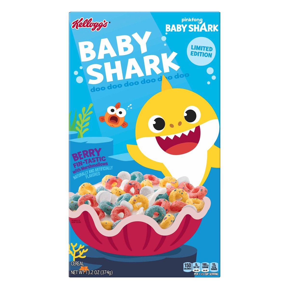 slide 1 of 7, Kellogg's Pinkfong Baby Shark Breakfast Cereal, Limited Edition, Kids Snacks, Berry Fin-Tastic with Marshmallows, 13.2oz Box, 1 Box, 13.2 oz