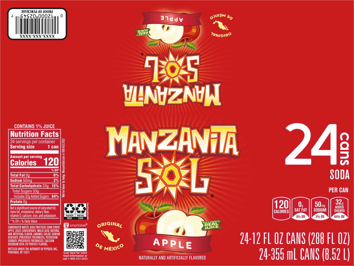 slide 4 of 6, Manzanita Sol Soda Apple Naturally & Artificially Flavored - 24 ct, 24 ct; 12 oz