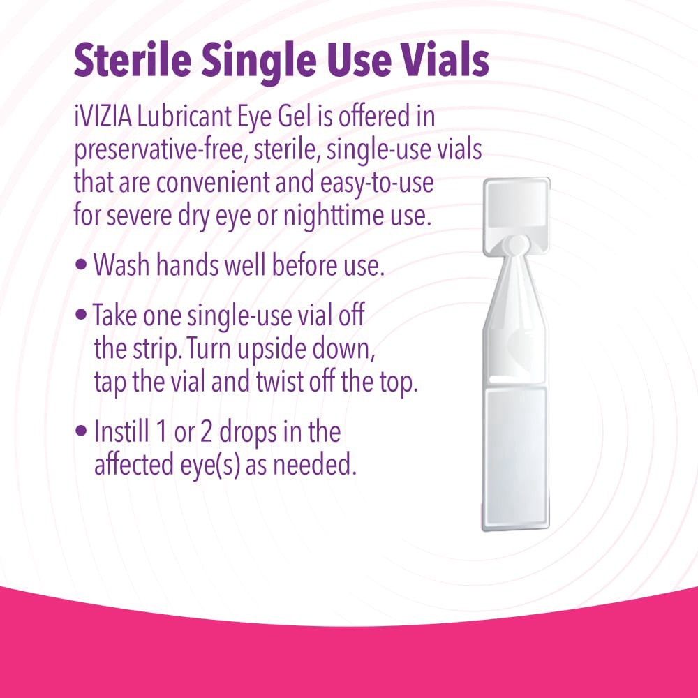 slide 3 of 3, iVIZIA Lubricant Eye Gel for Severe and Nighttime Dry Eye Relief, Preservative-Free, Moisturizing, 30 Sterile Single-Use Vials Packaging May Vary, 30 ct