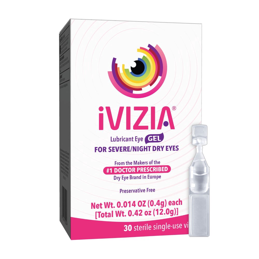 slide 1 of 3, iVIZIA Lubricant Eye Gel for Severe and Nighttime Dry Eye Relief, Preservative-Free, Moisturizing, 30 Sterile Single-Use Vials Packaging May Vary, 30 ct