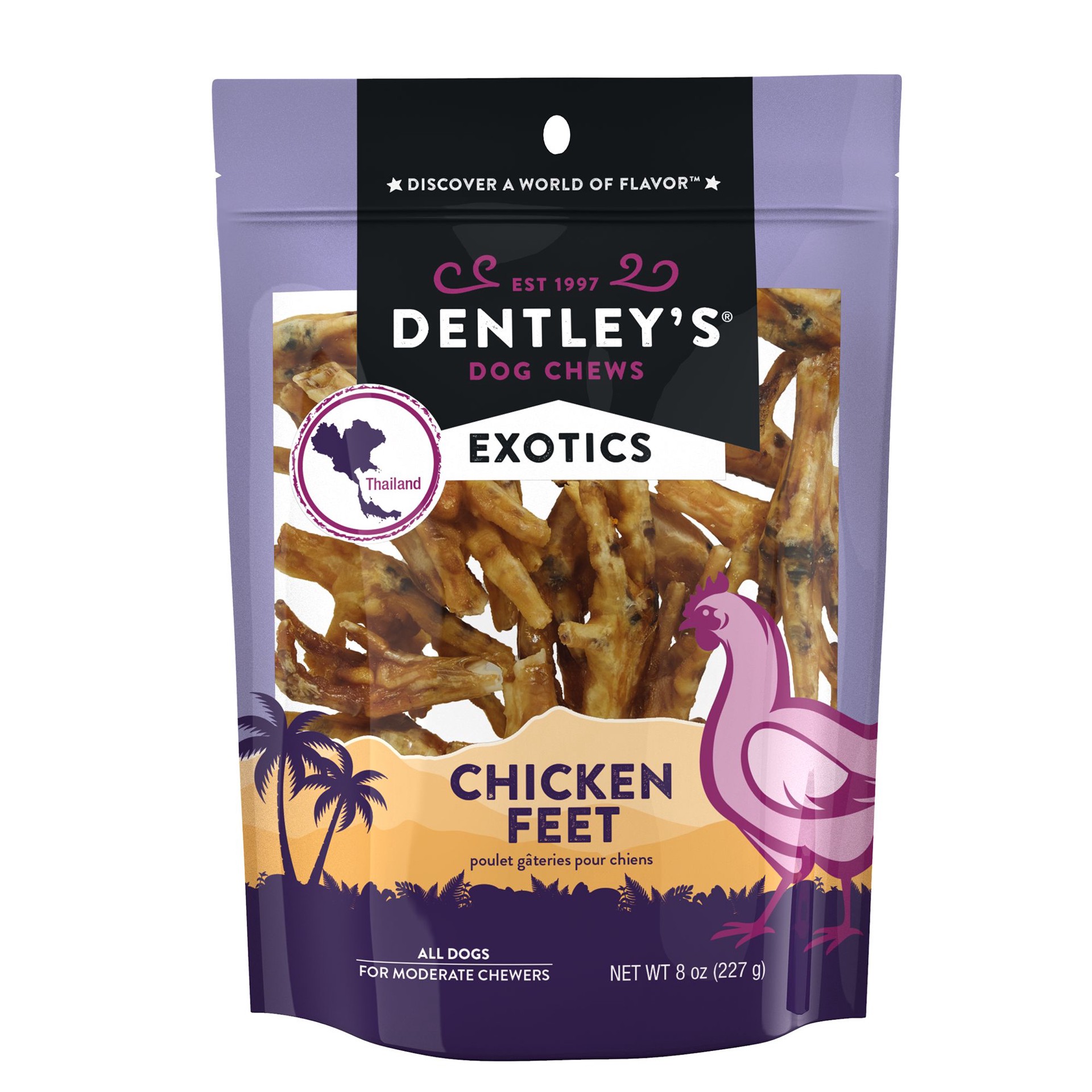 slide 1 of 1, Dentley's Exotics Chicken Feet Dog Chews - Chicken, 8 oz