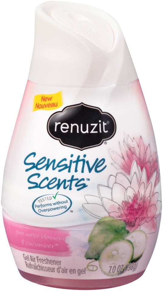 slide 1 of 1, Renuzit Sensitive Scents Pure Water Blossom & Cucumber Gel Air Freshener, 7 oz