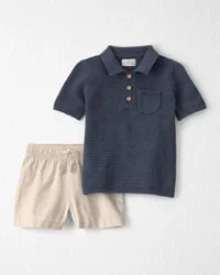 Toddler Boy 2-Piece Organic Cotton Sweater Knit Top & Short Set Merchant Navy, Oatmeal Khaki 3T