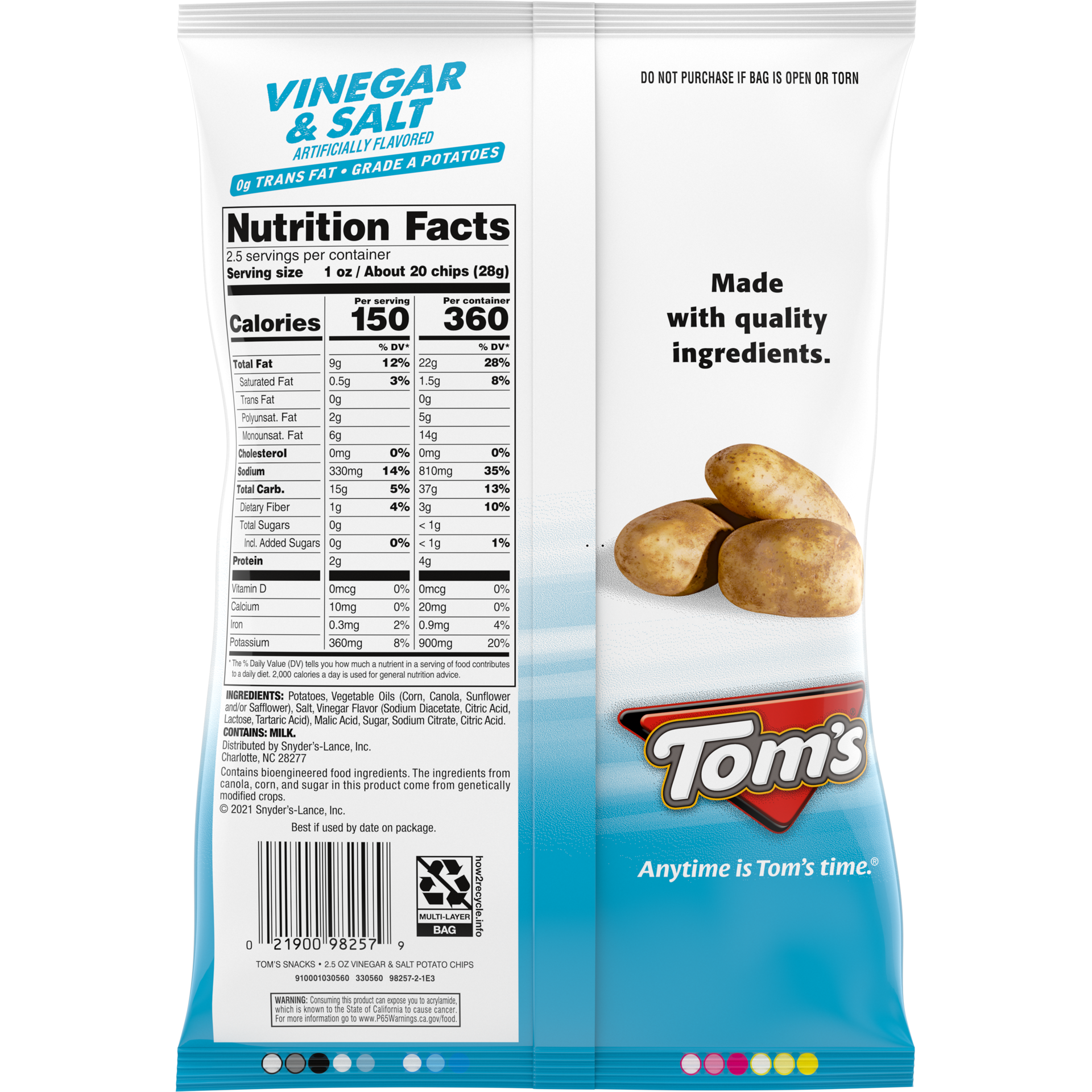 slide 2 of 5, Tom's Vinegar and Salt Potato Chips, 2.500 oz