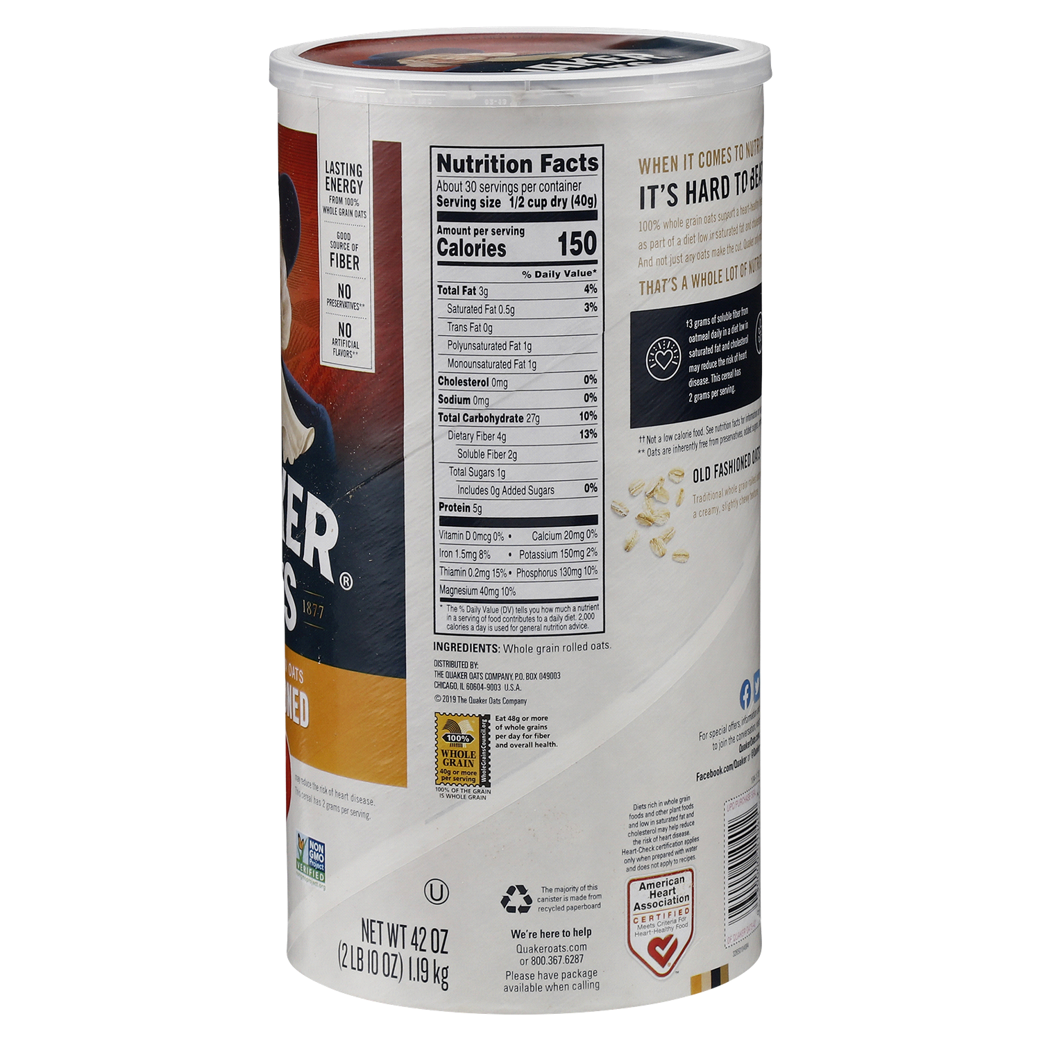 slide 2 of 2, Quaker Oats, 100% Whole Grain, Old Fashioned, 42 oz