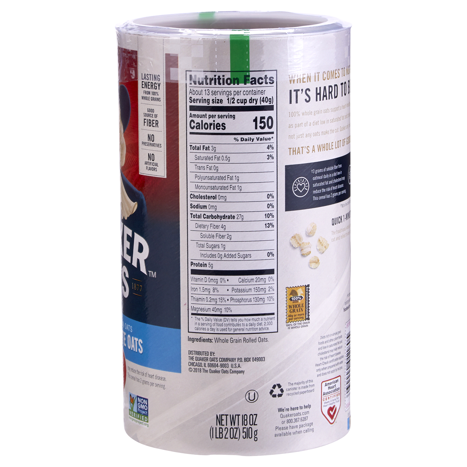 slide 2 of 2, Quaker Oats, 100% Whole Grain, Quick 1-Minute, 18 oz