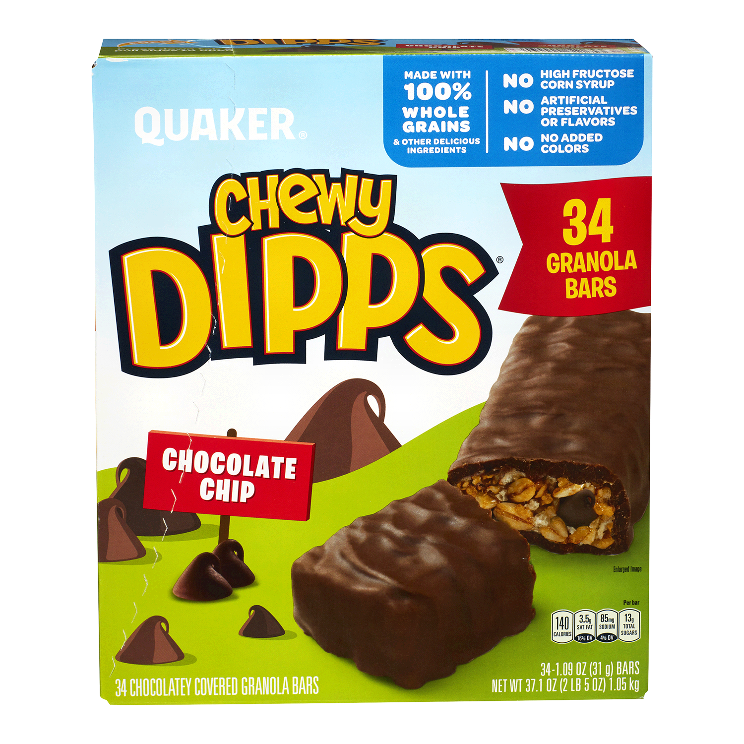 slide 1 of 2, Quaker Chocolate Chip Granola Cereal Or Fruit Bars, 34 ct