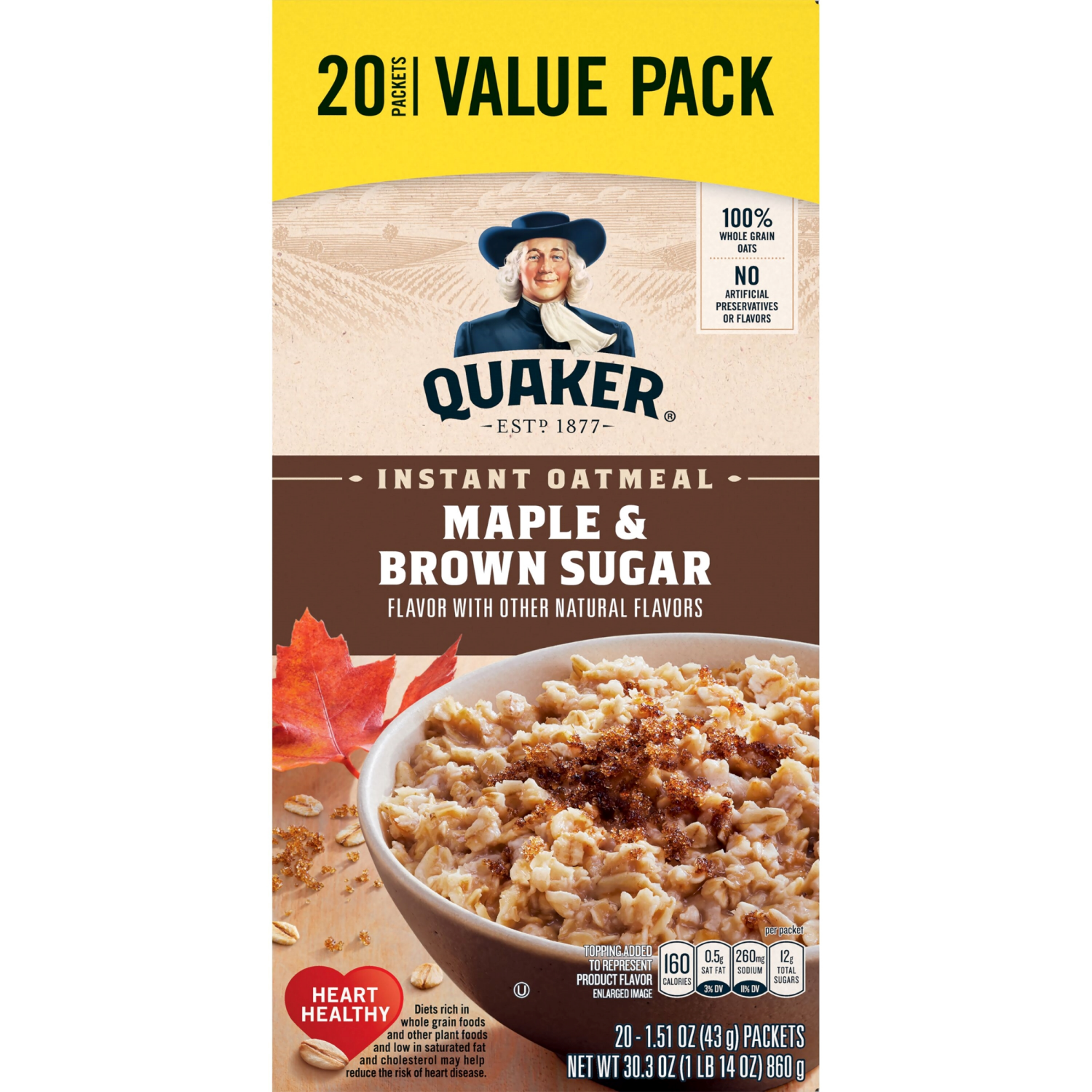 slide 1 of 1, Quaker Oatmeal, Instant, Maple & Brown Sugar, Value Pack, 20 ct