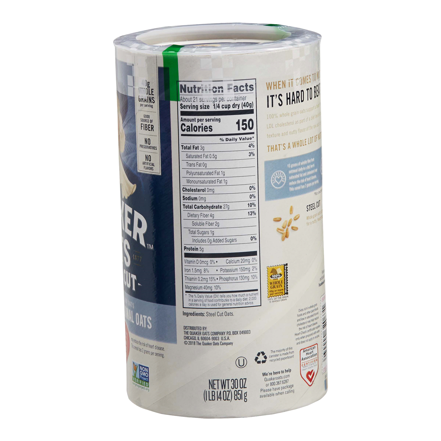 slide 2 of 2, Quaker Oatmeal, 100% Whole Grain Oats, Steel Cut, Hearty Traditional, 30 oz