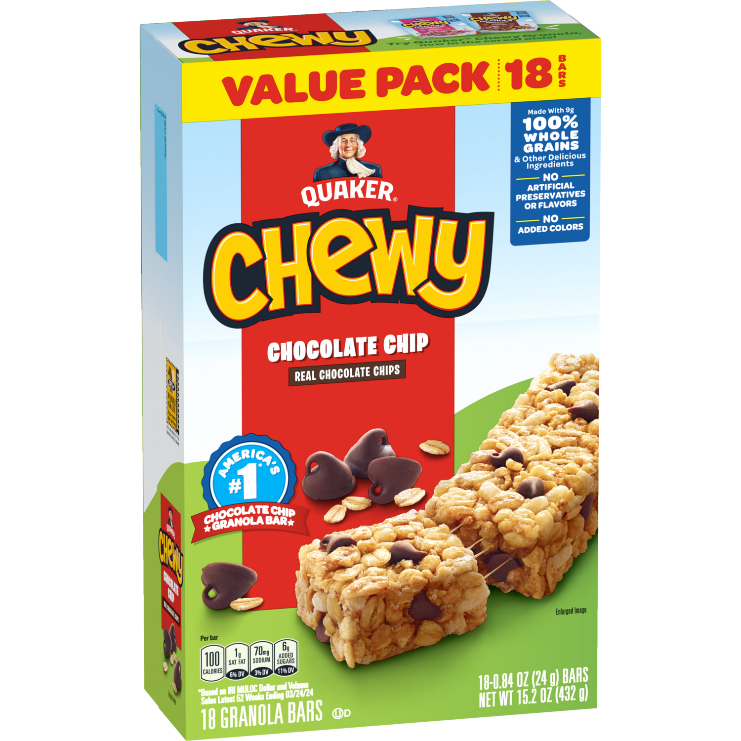 slide 1 of 2, Quaker Granola Bars, Chocolate Chip, Value Pack, 18 Pack, 18 ct