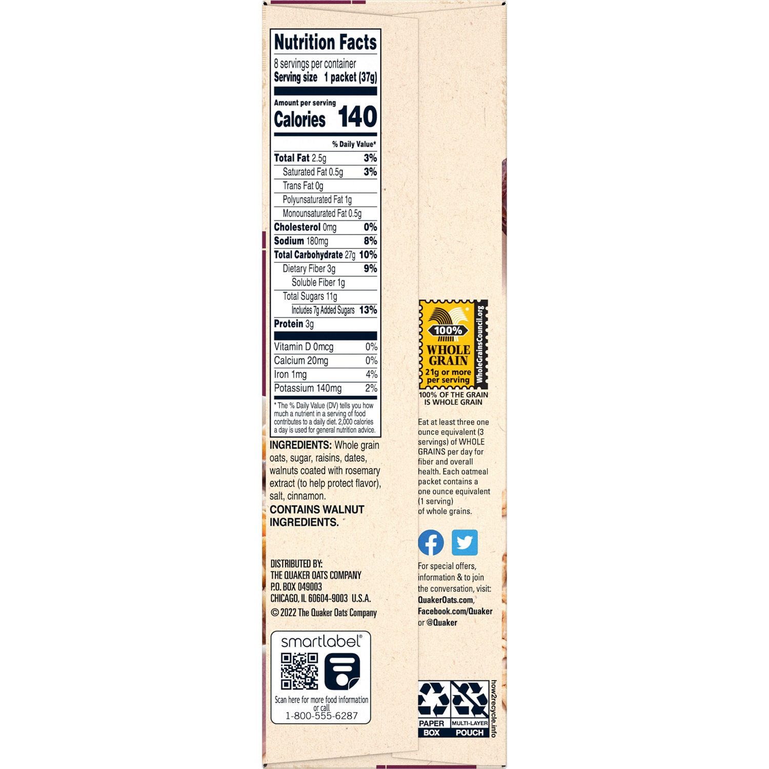 slide 2 of 3, Quaker Instant Oatmeal, Raisin, Date & Walnut, 1.3 oz