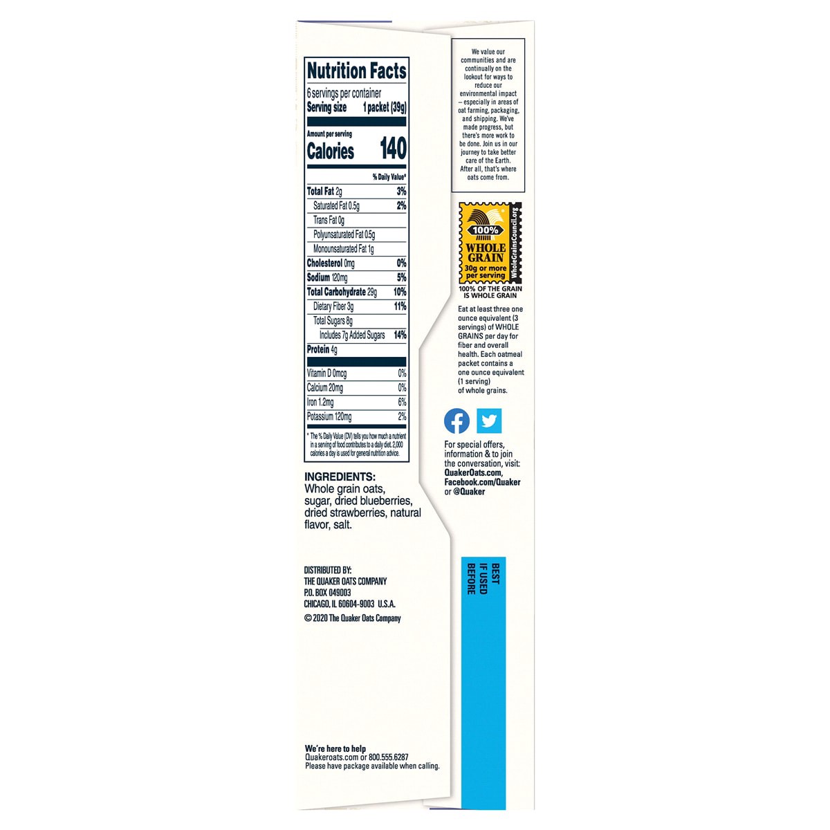 slide 3 of 3, Quaker Instant Oatmeal Blueberry Strawberry - 6 ct, 8.2 oz