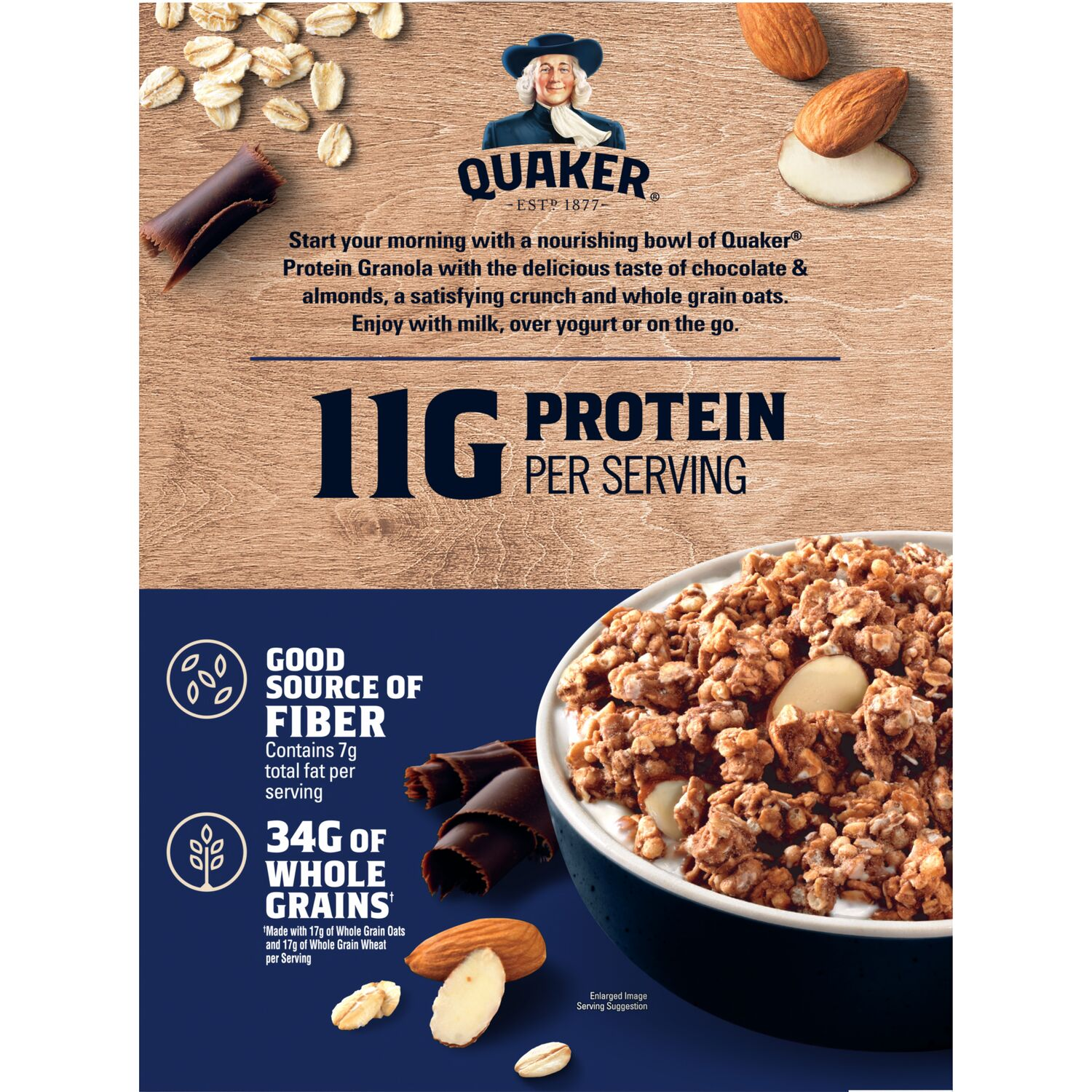 slide 2 of 3, Quaker Protein Granola, Chocolate & Almonds, Oats, 18 oz
