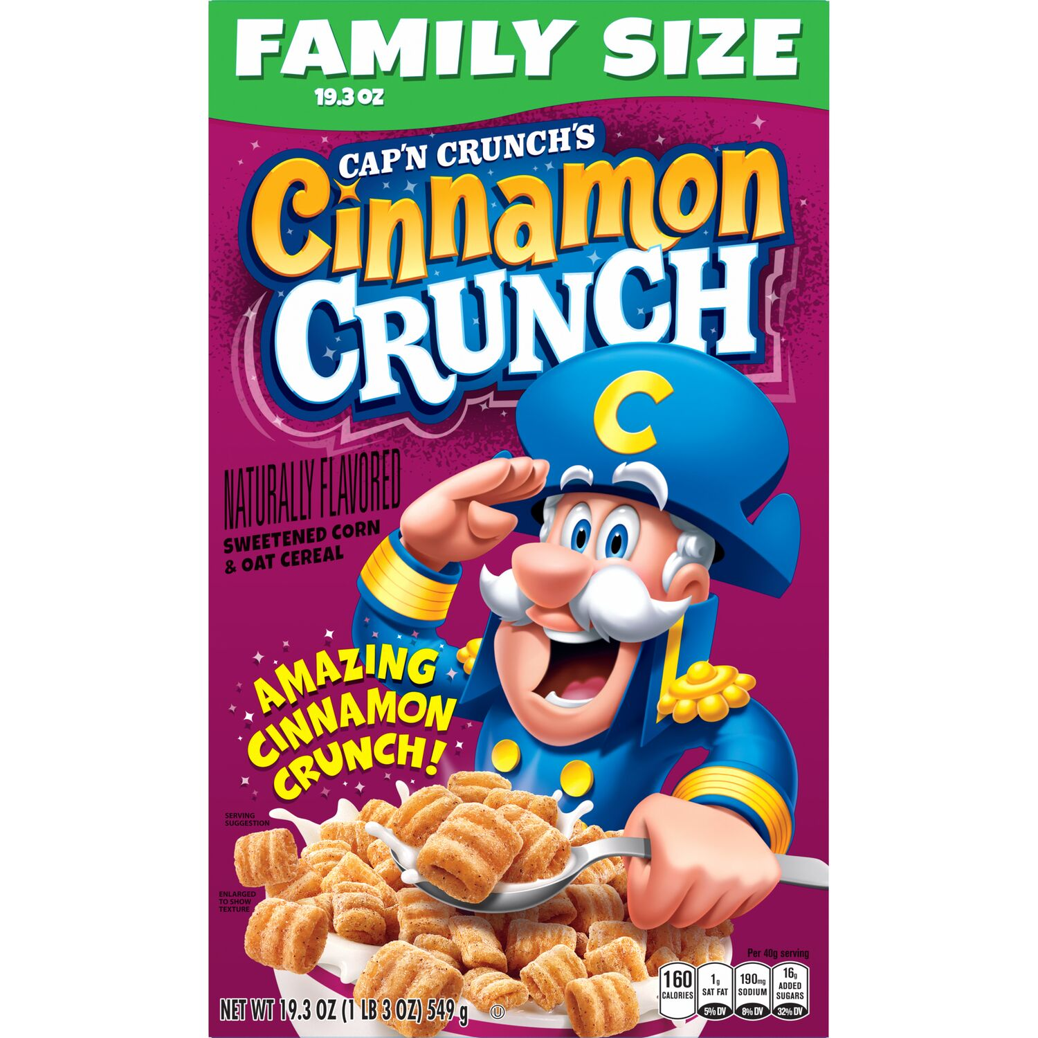 slide 4 of 4, Cap'n Crunch Sweetened Corn & Oat Cereal, Cinnamon Naturally Flavored, 19.3 Oz, 19.3 oz