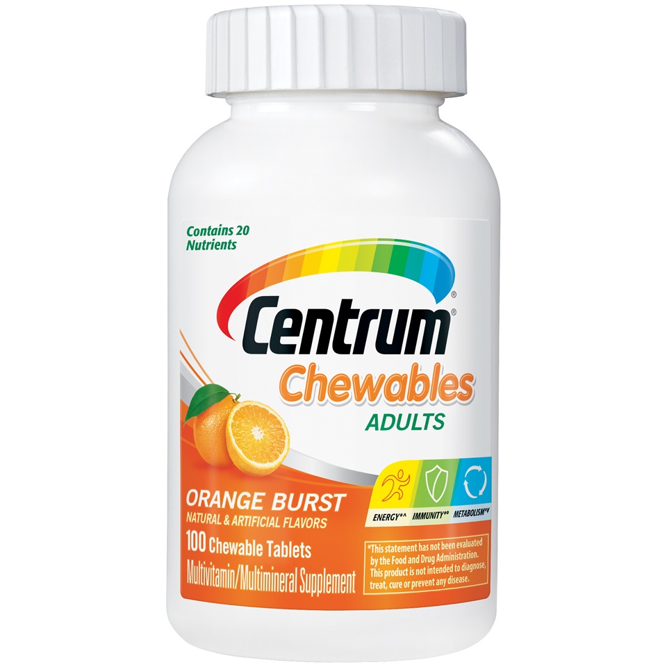 slide 1 of 3, Centrum Orange Burst Chewables Adult Multivitamin Tablets, 100 ct