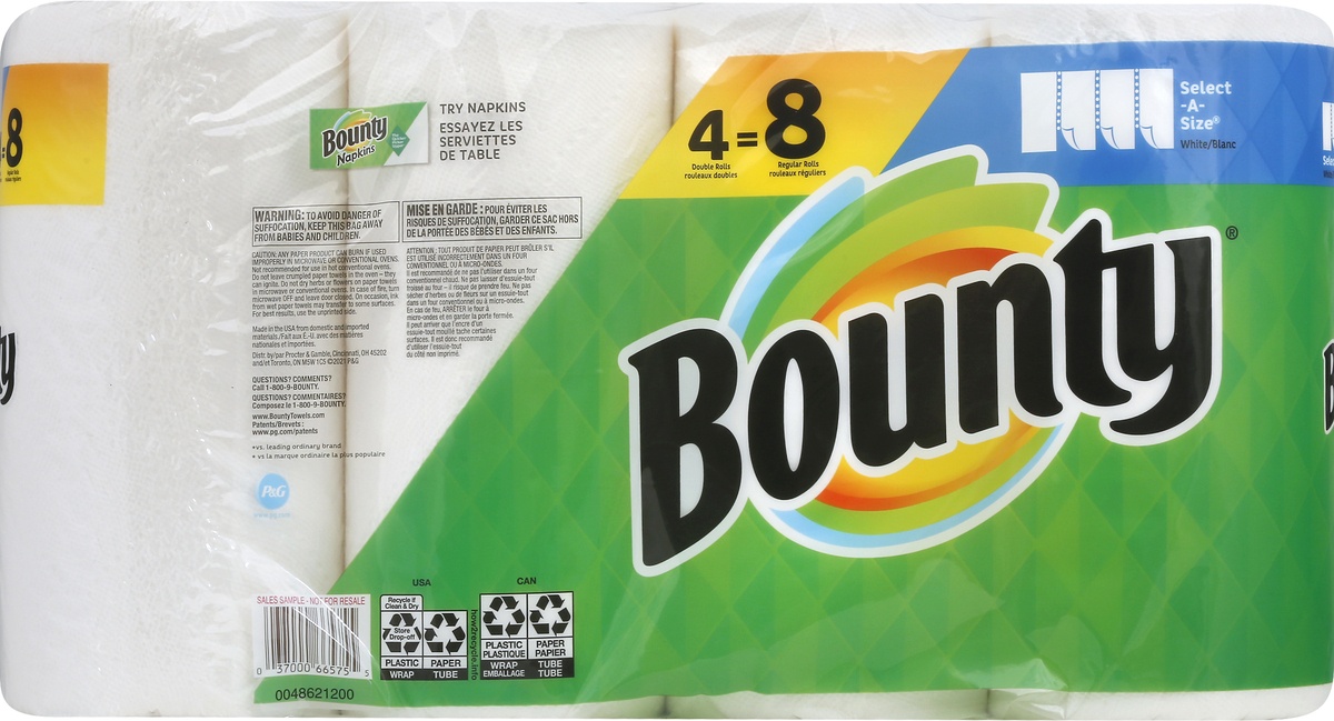 slide 2 of 7, Bounty Select-A-Size Paper Towels, White, 4 Double Rolls = 8 Regular Rolls, 4 Count, 4 ct