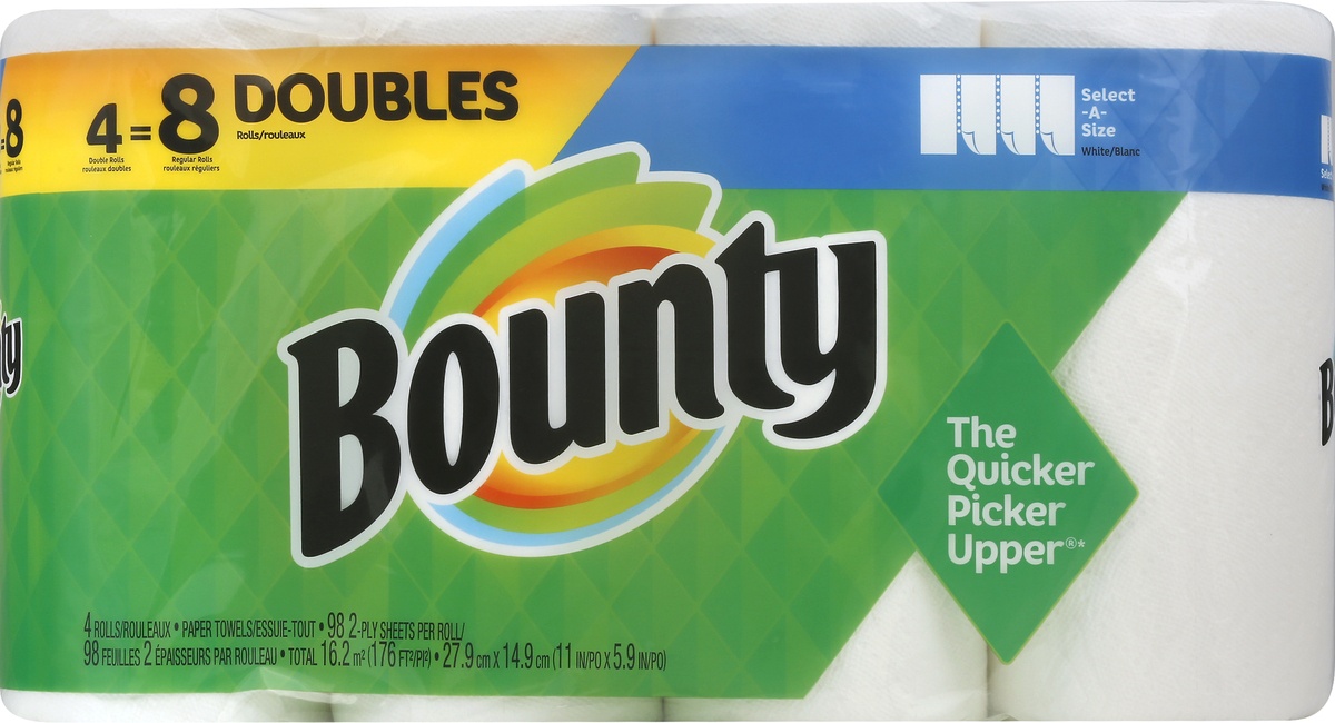 slide 4 of 7, Bounty Select-A-Size Paper Towels, White, 4 Double Rolls = 8 Regular Rolls, 4 Count, 4 ct