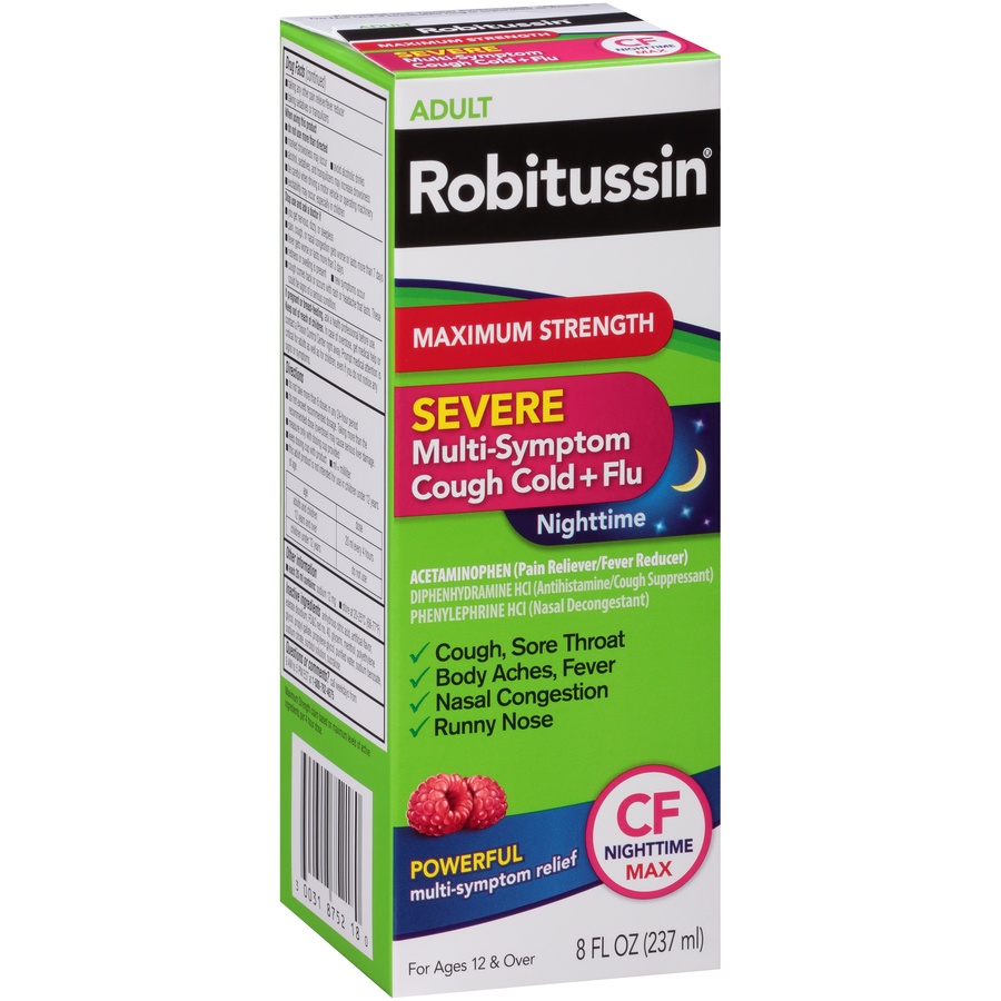 slide 5 of 6, Robitussin Maximum Strength Severe Nighttime Multi-Symptom Cough, Cold and Flu Medicine, Nighttime CF Max, Raspberry Flavor - 8 Fl Oz Bottle, 8 fl oz