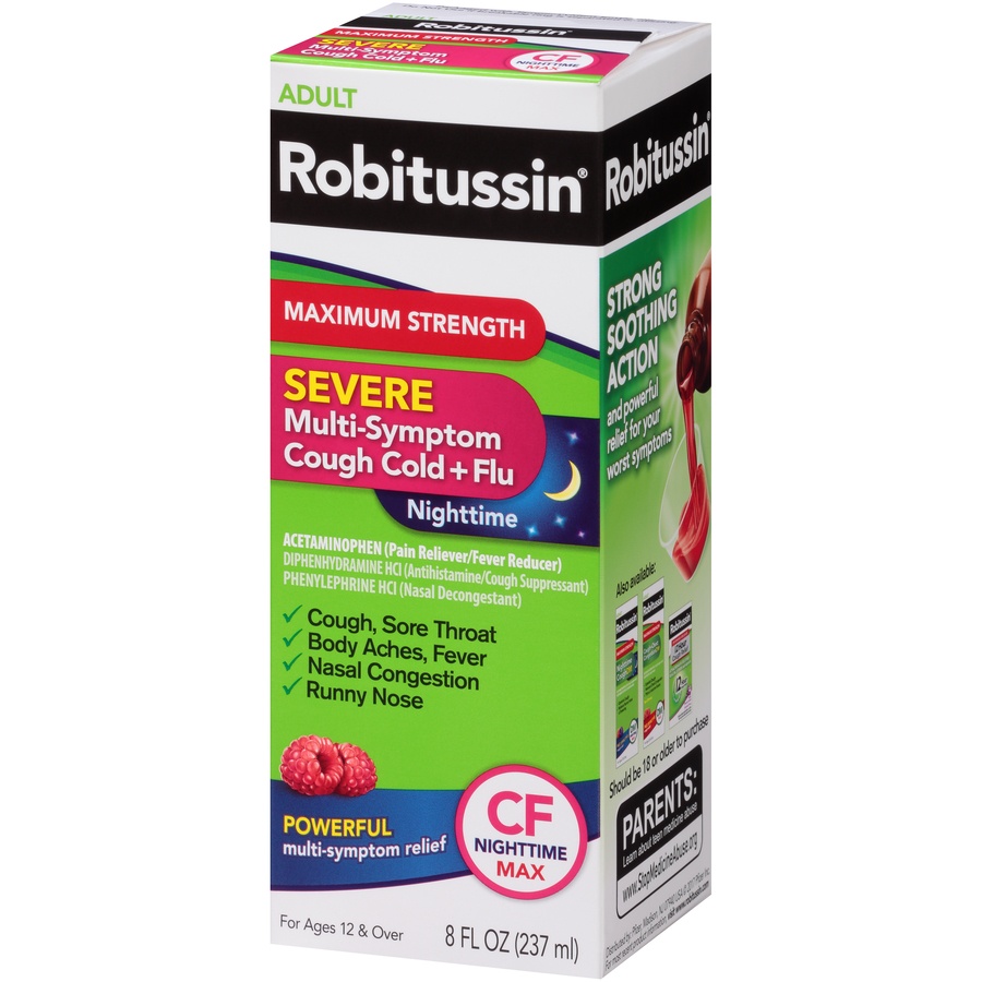 slide 6 of 6, Robitussin Maximum Strength Severe Nighttime Multi-Symptom Cough, Cold and Flu Medicine, Nighttime CF Max, Raspberry Flavor - 8 Fl Oz Bottle, 8 fl oz