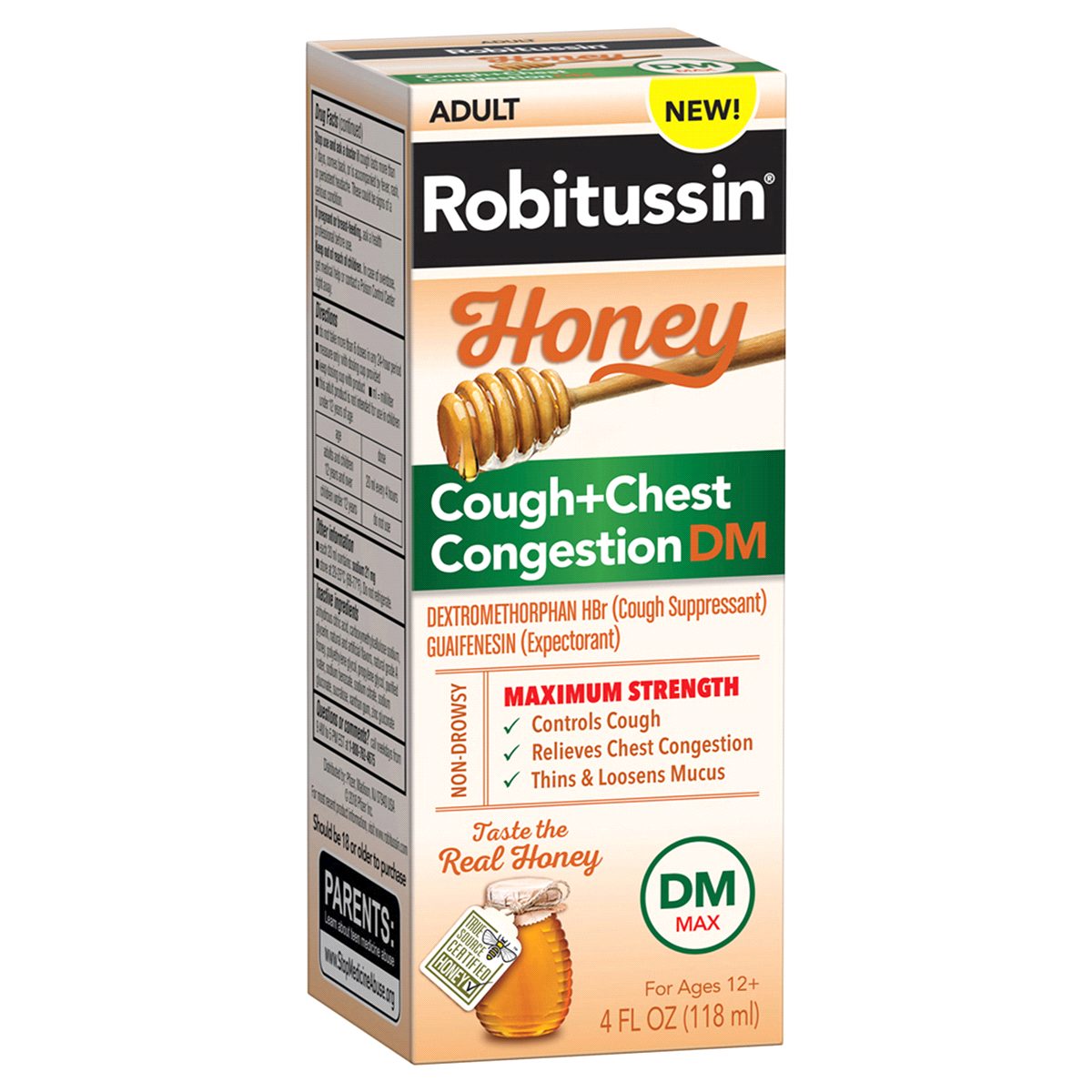 slide 5 of 5, Robitussin Maximum Strength Honey Cough + Chest Congestion DM, Cough Medicine for Cough and Chest Congestion Relief Made with Real Honey - 4 Fl Oz Bottle, 4 oz