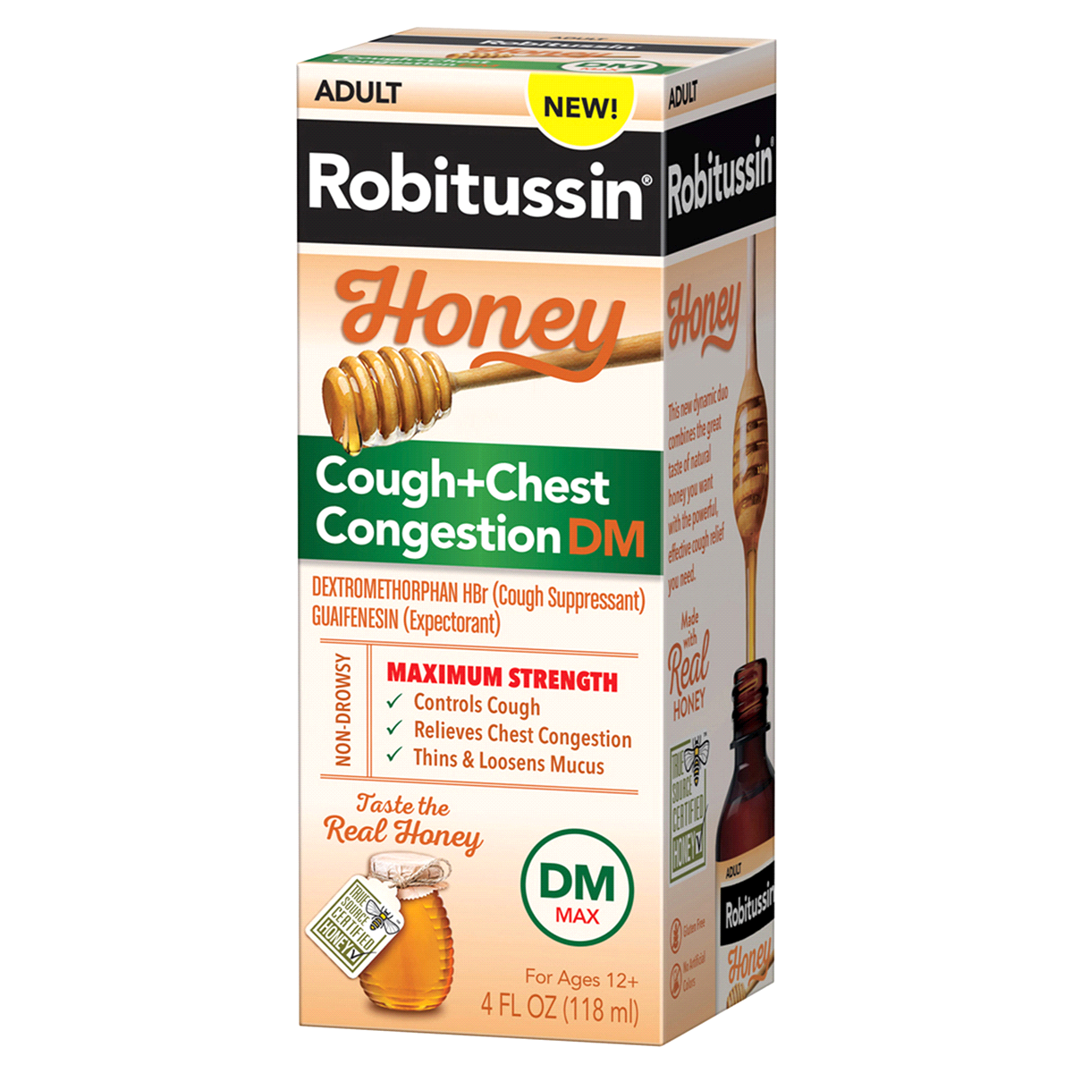 slide 2 of 5, Robitussin Maximum Strength Honey Cough + Chest Congestion DM, Cough Medicine for Cough and Chest Congestion Relief Made with Real Honey - 4 Fl Oz Bottle, 4 oz