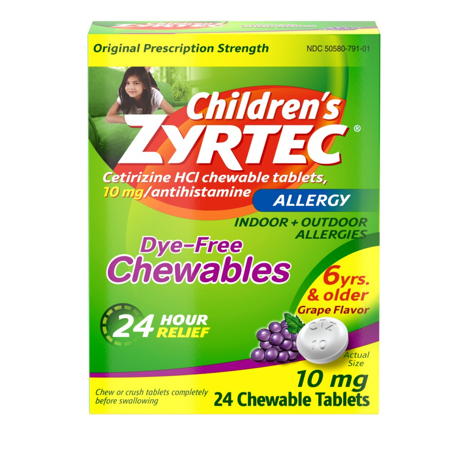 slide 1 of 2, Zyrtec Children's Zyrtec Allergy Dye-Free Chewables 6 Years & Older Grape Flavor 24 Count, 24 ct