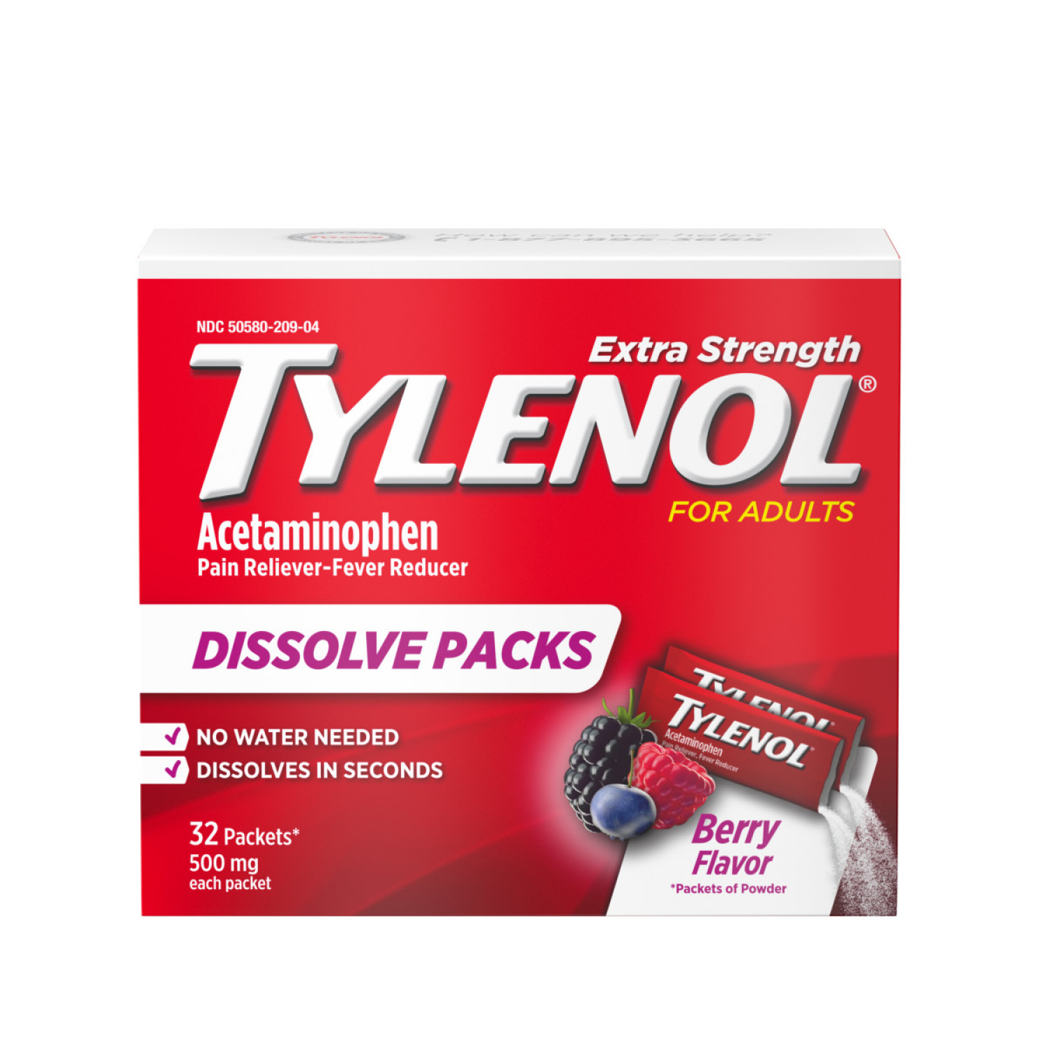 slide 1 of 5, Tylenol Extra Strength Dissolve Packs with Acetaminophen, Berry, 32 ct, 32 ct