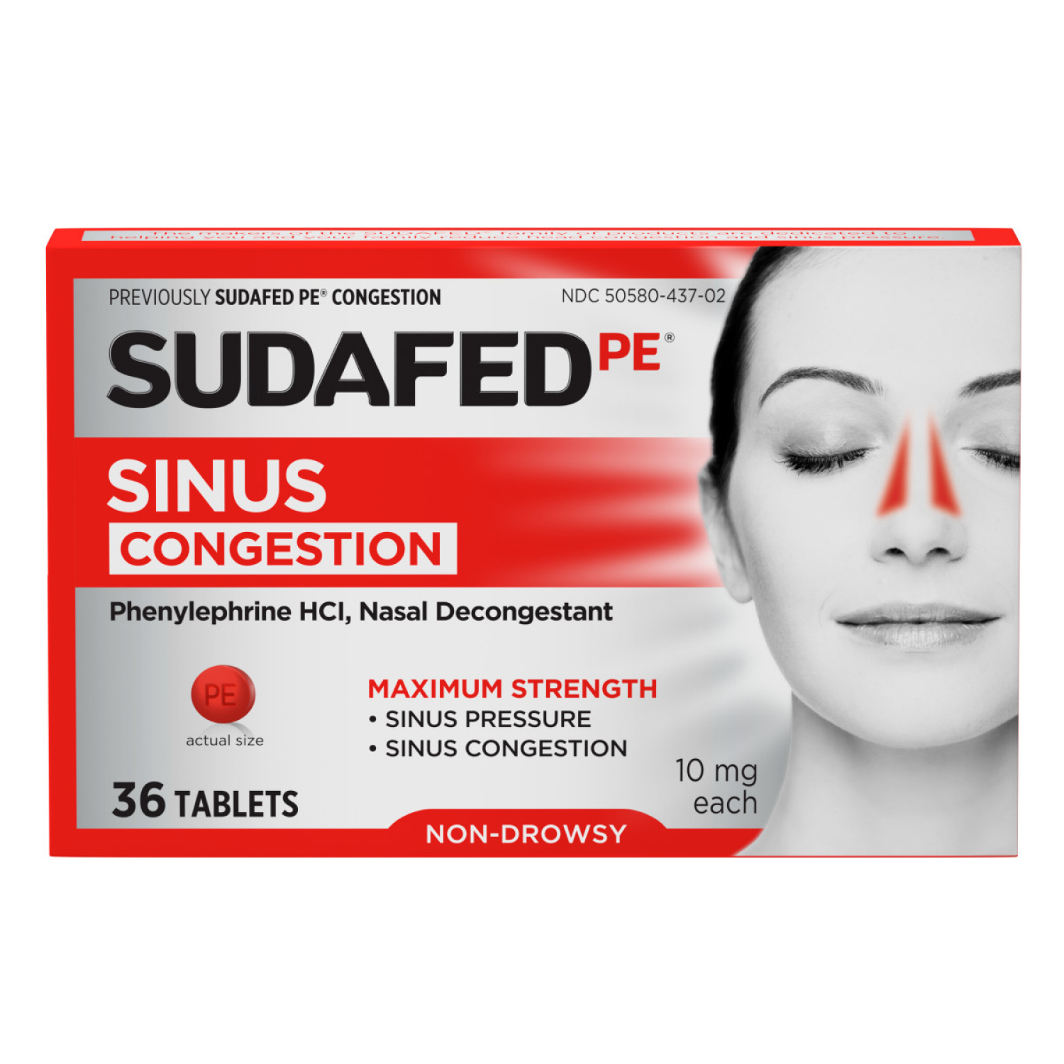 slide 1 of 2, Sudafed PE Tablets 10 mg Maximum Strength Non-Drowsy Sinus Congestion 36 ea, 36 ct