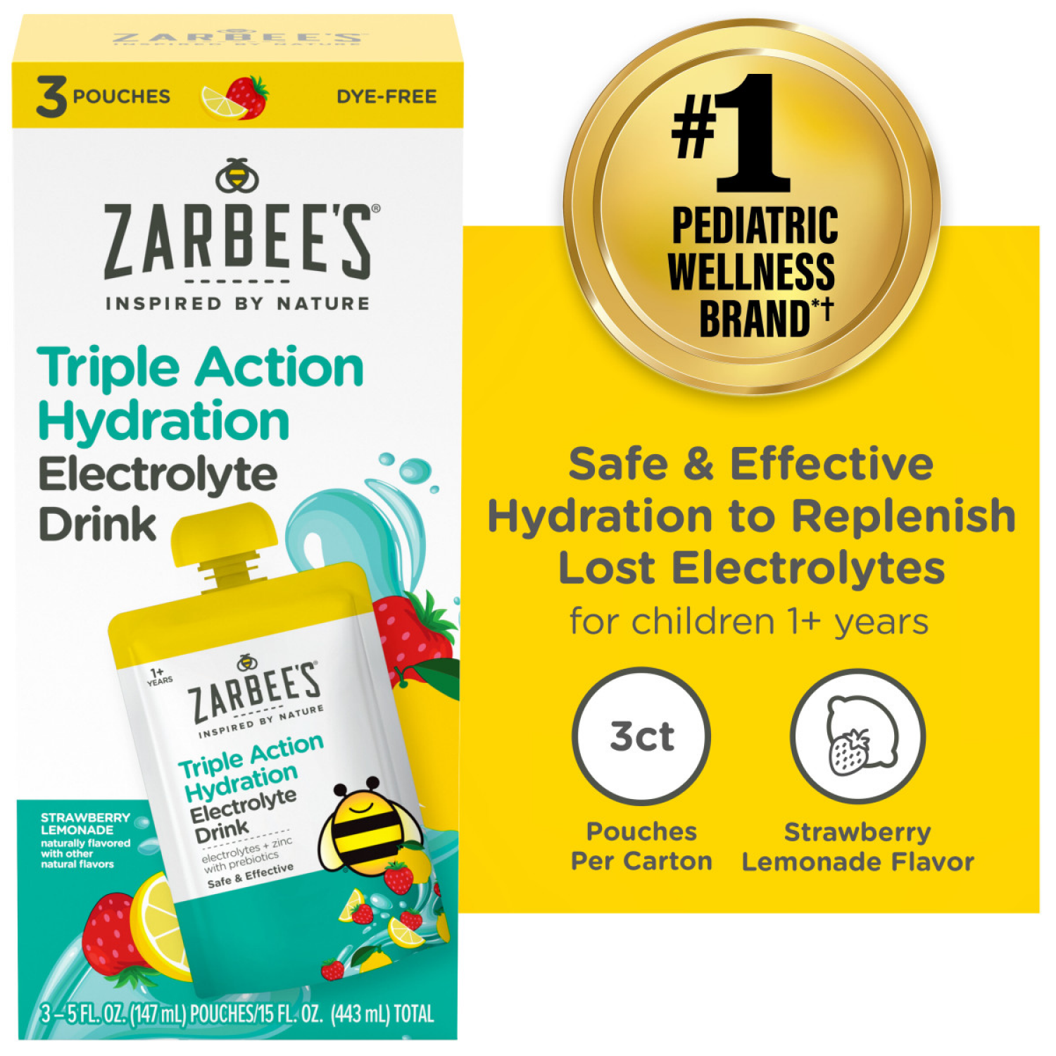 slide 4 of 8, Zarbee's Naturals Kids Triple Action Hydration Electrolyte Drink, Strawberry Lemonade Flavor, 5 Fl. Oz, Pack of 3, 3 ct