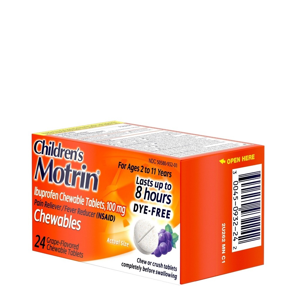 slide 2 of 10, Motrin Children's Motrin Dye-Free Pain Reliever and Fever Reducer Ibuprofen (NSAID) ChewableTablets - Grape Flavor - 24ct, 24 ct