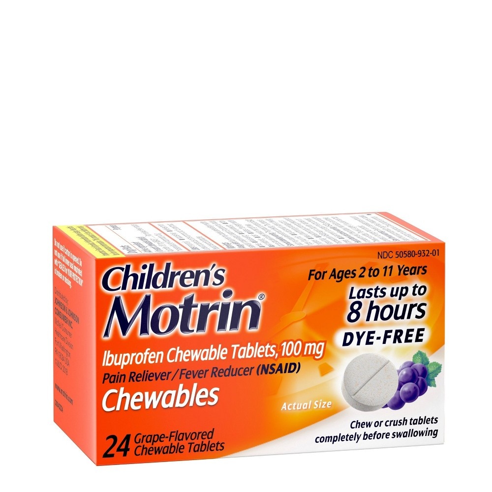 slide 3 of 10, Motrin Children's Motrin Dye-Free Pain Reliever and Fever Reducer Ibuprofen (NSAID) ChewableTablets - Grape Flavor - 24ct, 24 ct