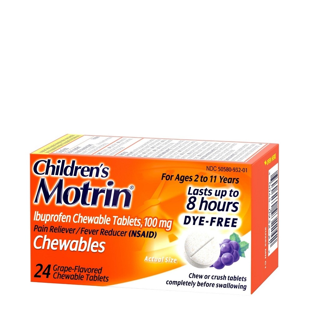 slide 9 of 10, Motrin Children's Motrin Dye-Free Pain Reliever and Fever Reducer Ibuprofen (NSAID) ChewableTablets - Grape Flavor - 24ct, 24 ct