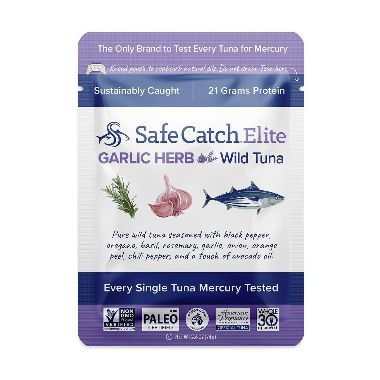 slide 1 of 3, Safe Catch Elite Garlic Herb Wild Tuna, 2.6 oz