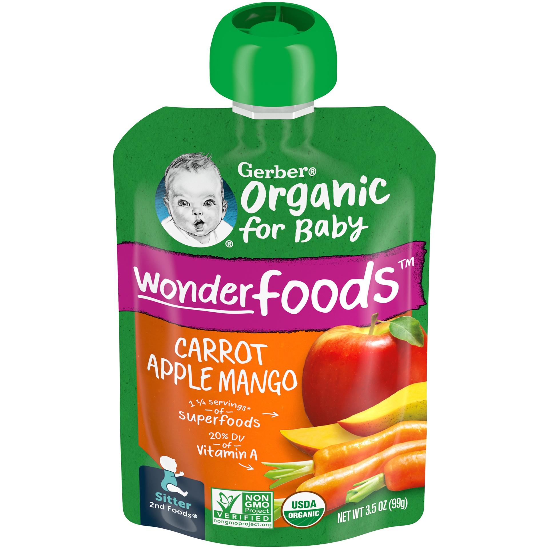 slide 1 of 9, Gerber Organic Carrot Apple Mango Baby Food Pouch, 3.5 oz
