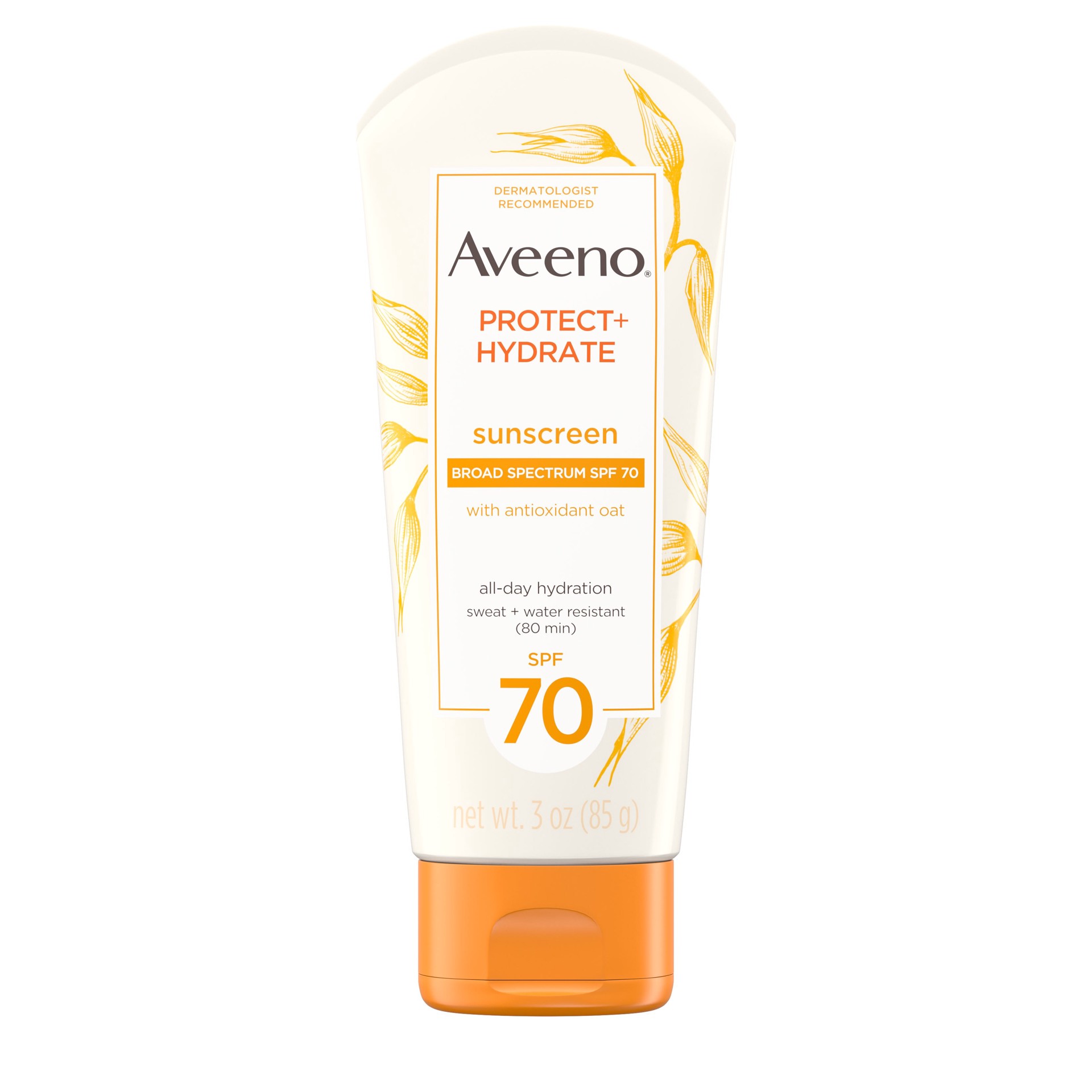 slide 1 of 5, Aveeno Protect + Hydrate Face-Moisturizing Sunscreen Lotion with Broad Spectrum SPF 70; Antioxidant Oat, Oil-Free, Lightweight, Sweat- & Water-Resistant Sun Protection, Travel-Size, 3 oz, 3 oz