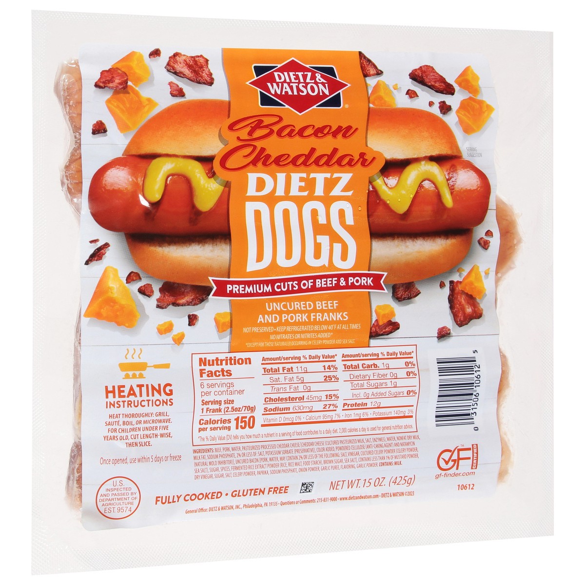 slide 9 of 9, Dietz & Watson Dietz Dogs Uncured Bacon Cheddar Beef and Pork Franks 15 oz, 15 oz