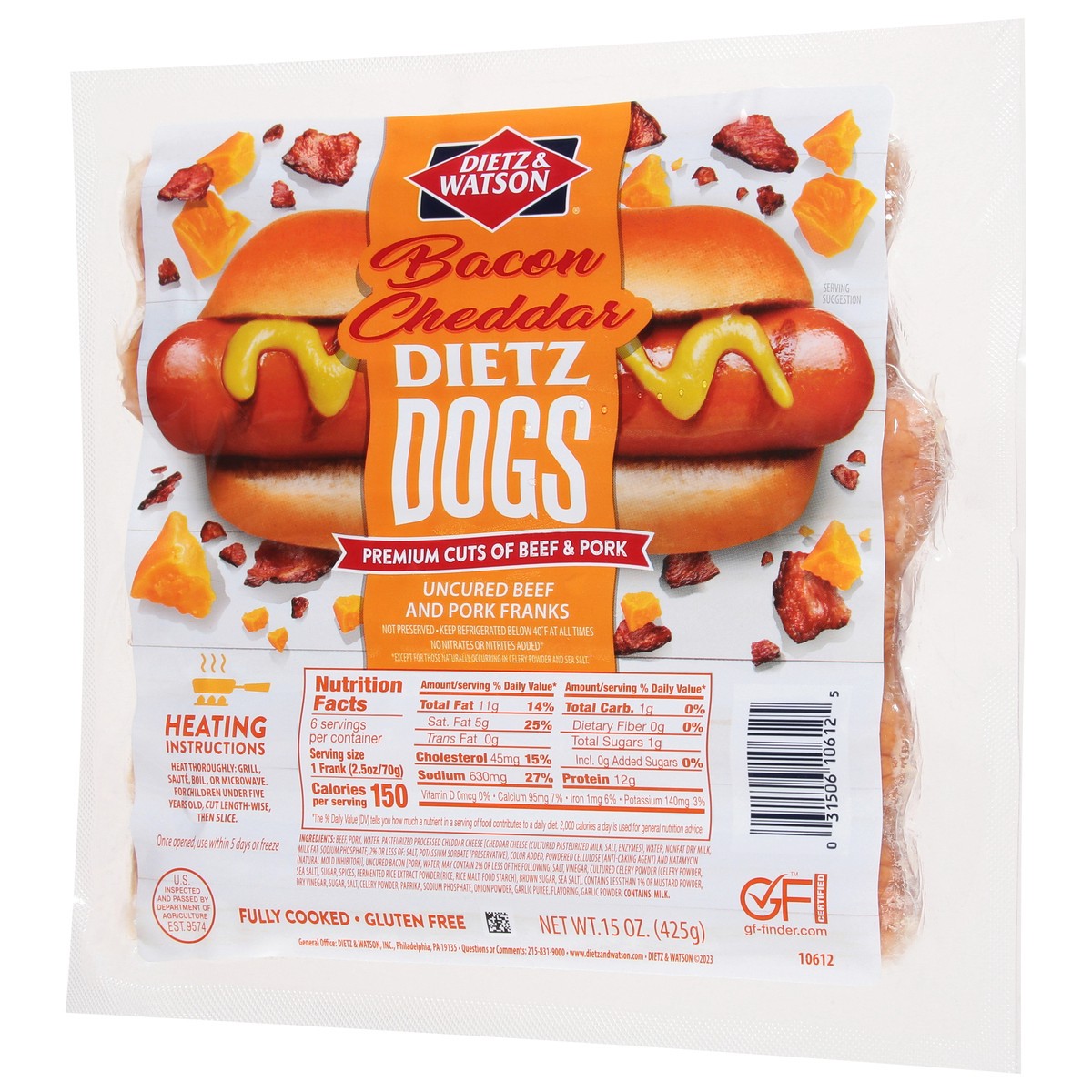 slide 4 of 9, Dietz & Watson Dietz Dogs Uncured Bacon Cheddar Beef and Pork Franks 15 oz, 15 oz
