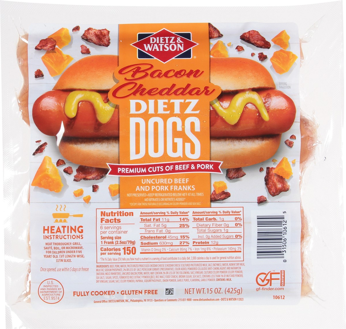 slide 8 of 9, Dietz & Watson Dietz Dogs Uncured Bacon Cheddar Beef and Pork Franks 15 oz, 15 oz