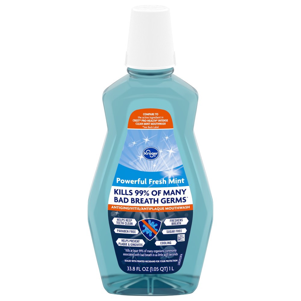 slide 1 of 1, Kroger® Powerful Fresh Mint Antigingivitis/Antiplaque Mouthwash, 33.8 fl oz
