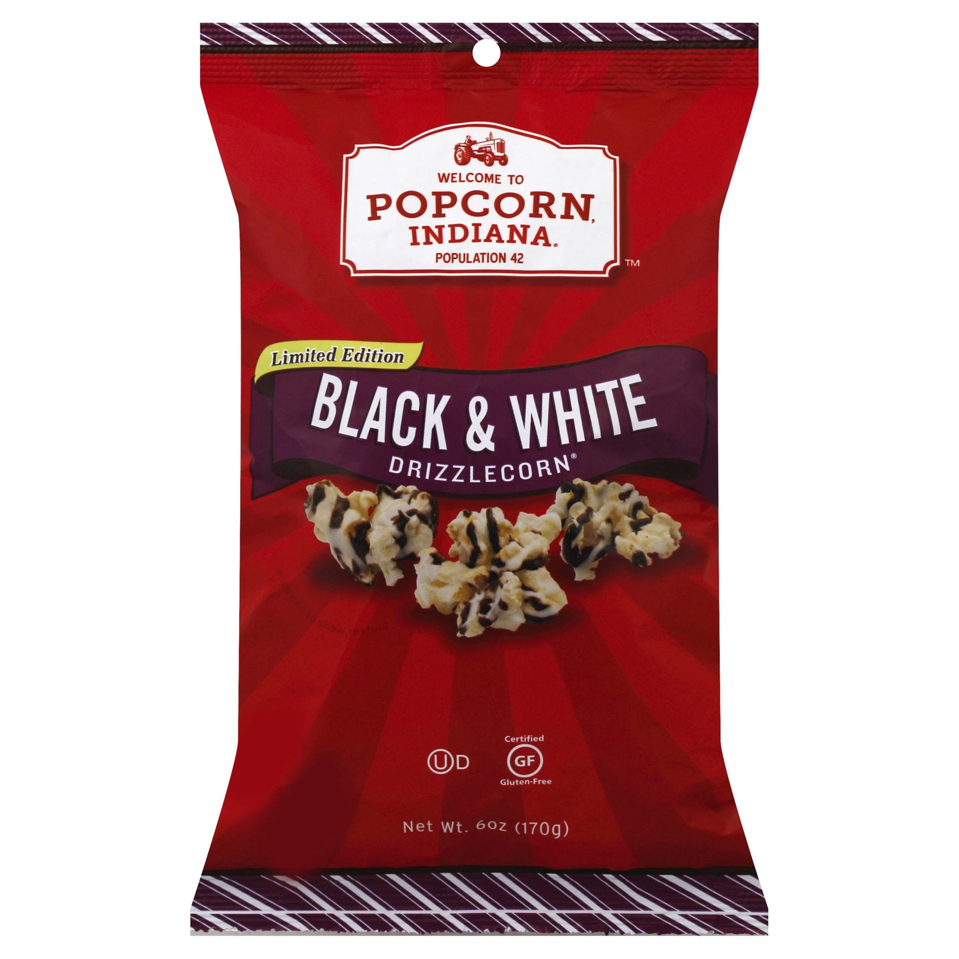 slide 1 of 9, Popcorn, Indiana Drizzlecorn Black & White, 6 oz