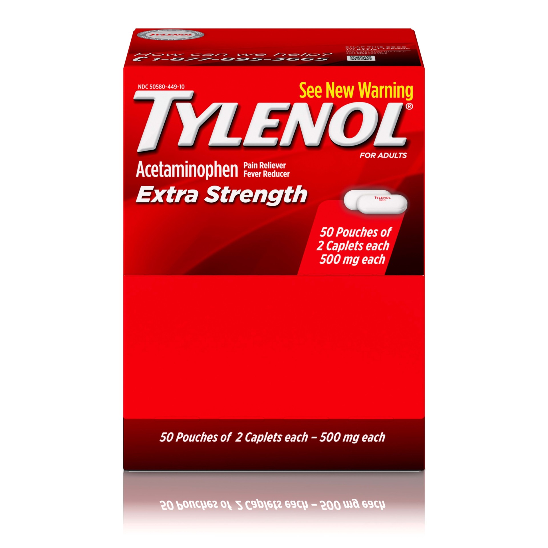 slide 4 of 5, Tylenol Extra Strength Caplets, Fever Reducer and Pain Reliever, 500 mg, 50 Packets of 2 Caplets Each, 100 Count, 100 ct