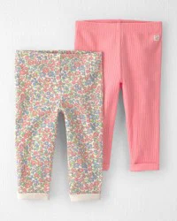 Littleplanet Baby Girl 2-Pack Organic Cotton Rib Leggings, Meadow Mix/Just Pink, 18M