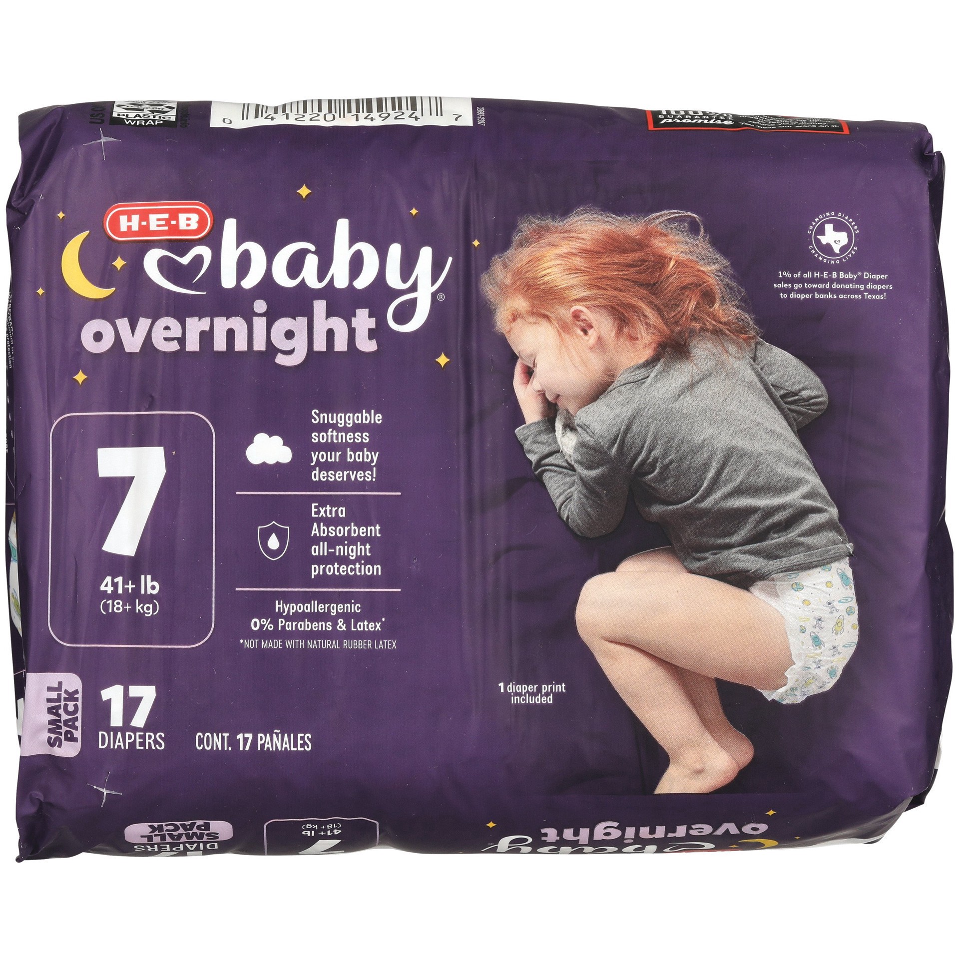 slide 1 of 1, H-E-B Baby Overnight Diapers – Size 7, 17 ct