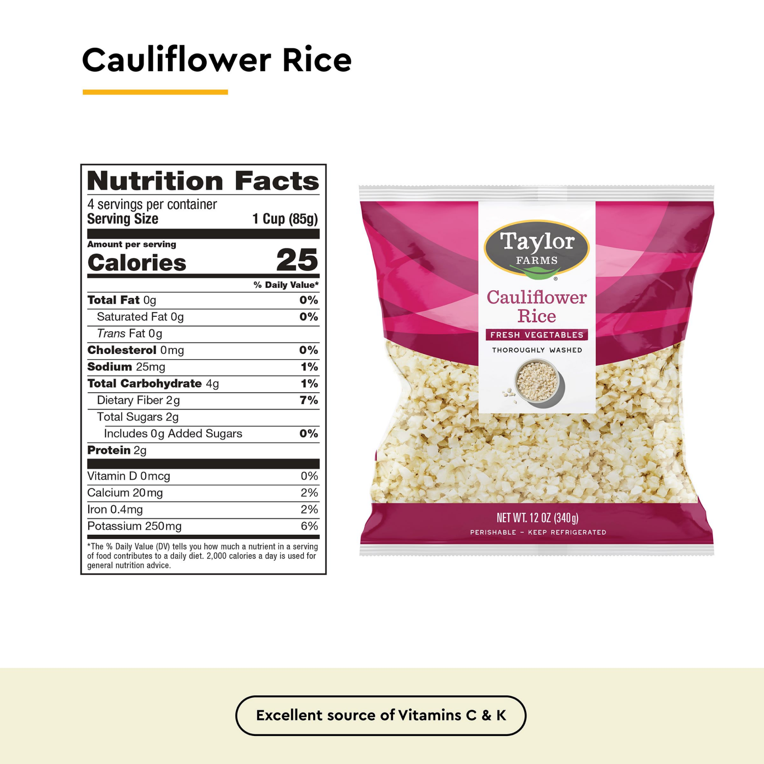 slide 2 of 4, Taylor Farms Riced Cauliflower, 12 oz