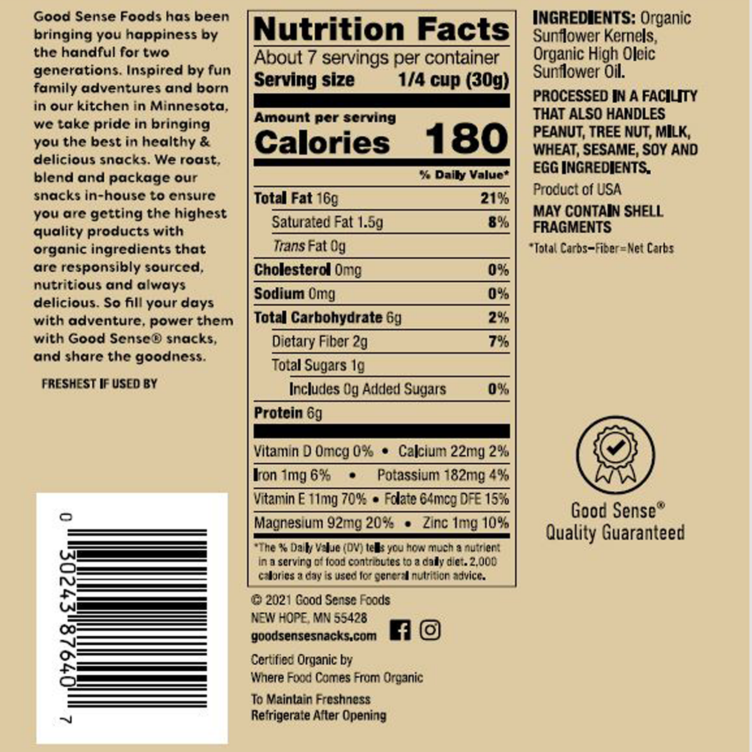 slide 2 of 2, Good Sense Organic No Salt Roasted Sunflower Kernels 7.5 oz, 7.5 oz