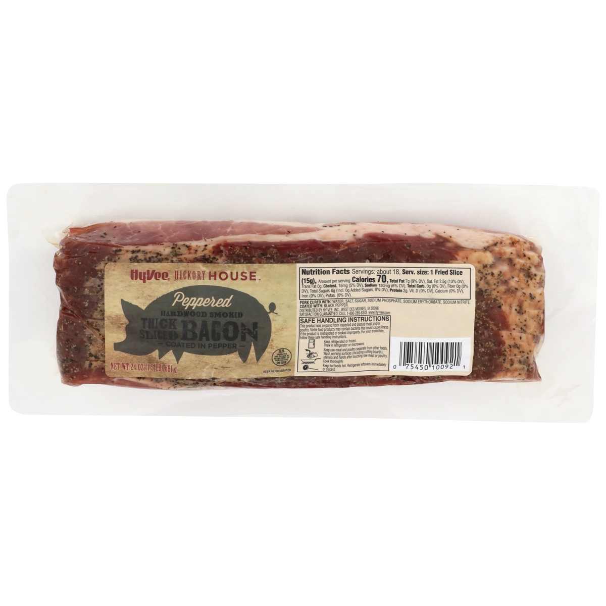 slide 1 of 1, Hy-vee Peppered Hardwood Smoked Thick Sliced Bacon, 24 oz